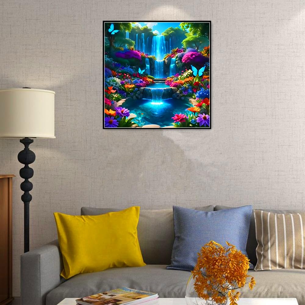 MMAHD 5D Diamond Painting Kit, Enchanted Waterfall Garden with Blue Butterflies, Full Drill Crystal Rhinestone Embroidery Art, Nature Scene (Landscape) MMAHD
