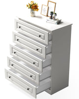 White 5-Drawer Tall Dresser with Wood Top, Modern Storage Tower for Bedroom, Closet, Living Room, Entryway, Hallway Seeday
