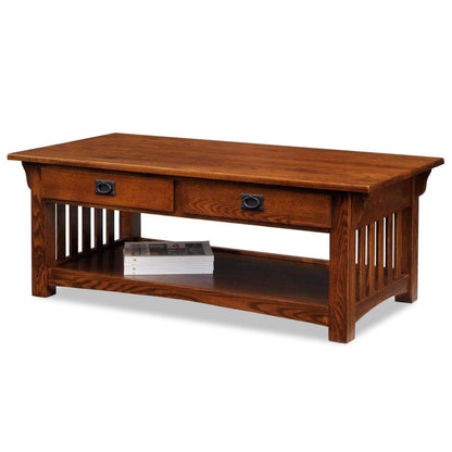 Leick Home 8204 Mission Impeccable Coffee Table for Living Room, Two Drawers and Shelf, Made with Solid Wood, Medium Oak Finish - WoodArtSupply