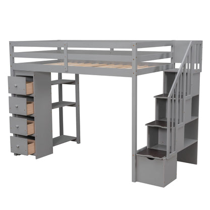 Merax Grey Twin-Size Loft Bed with Storage Drawers and Stairs for Teens - WoodArtSupply