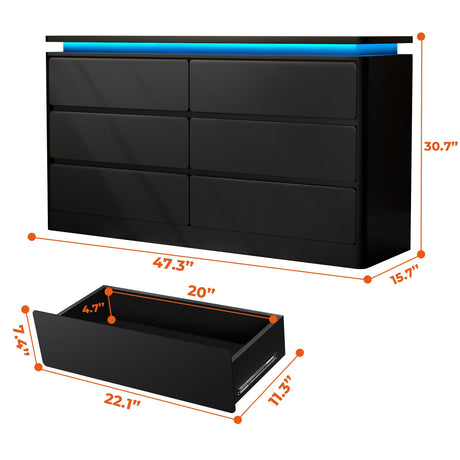 Upgraded 6 Drawer Black Dresser for Bedroom, 47.2" Long Chest of Drawers with Charging Station & LED Lights, Wooden Storage Cabinet Dresser for Closet,Modern TV Stand with Deep Drawers Loomie