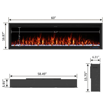 Benrocks 60'' WiFi- Enabled Electric Fireplace Inserts - Alexa & App Control, Slim Recessed & Wall Mounted, 13 * 13 * 3 Flame Color Combinations, 750W/1500W, Black