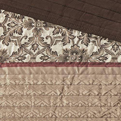 Madison Park Quilt Set Luxurious Jacquard Stripes Design - All Season, Coverlet Bedspread Lightweight Bedding Layer, Shams, Decorative Pillow, Full/Queen(90"x90"), Floral Red 5 Piece Madison Park