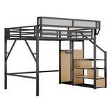 DaiNNCN Queen Size Loft Bed with Convertible Stairs and Storage Shelves, Metal Loft BedFrame with Wardrobe and Ladder for Kids,Teens,Adults, No Box Spring Needed, No Noise, Black DaiNNCN