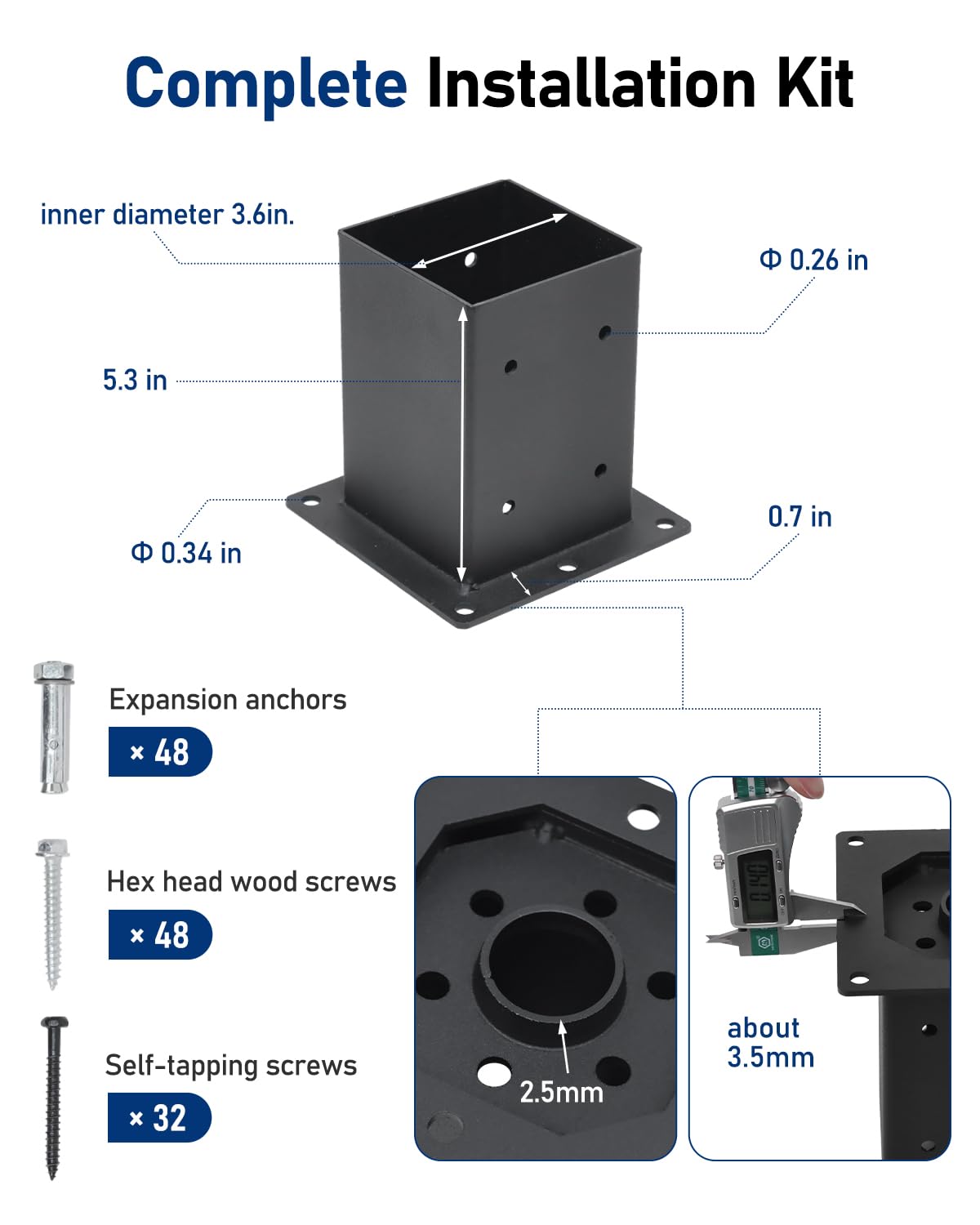 vikofan Heavy Duty 4x4 Post Base Kit - Black Powder-Coated Metal Post Brackets for 3.5"x3.5" Posts, Fit for Wood & Concrete Installations - Perfect for Deck, Fence, Mailbox, Pergola Supports  - WoodArtSupply