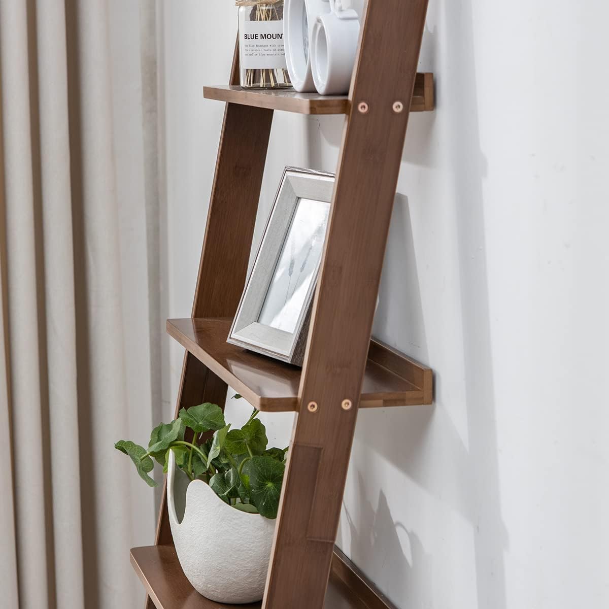 Maydear Bamboo Ladder Shelf Bookcase, 4-Tier Leaning Bookshelf Free Standing Organizer Storage Shelves for Living Room, Bedroom, Kitchen, Home Office, Balcony (Walnut) Maydear