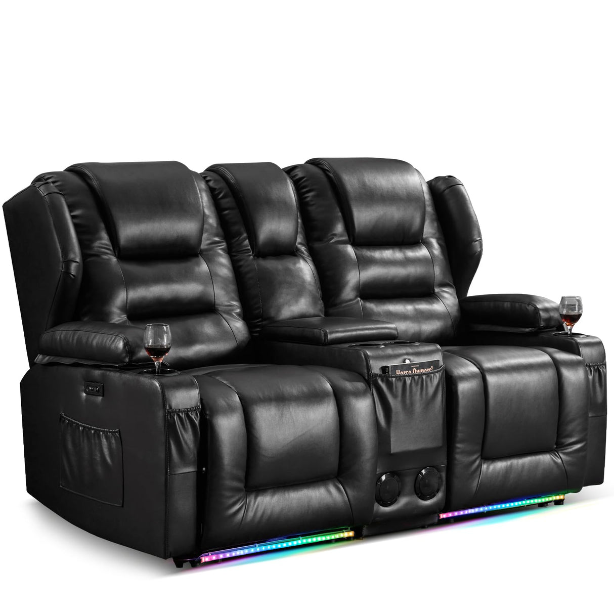 BINGTOO Power Double Recliner Loveseat for RV, Electric Home Theater Seating Sofa with Console & Storage, Built-in Bluetooth Speaker/USB Ports/Power Outlet/LED Light, Black BINGTOO