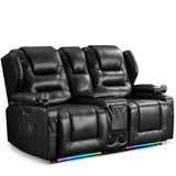 BINGTOO Power Double Recliner Loveseat for RV, Electric Home Theater Seating Sofa with Console & Storage, Built-in Bluetooth Speaker/USB Ports/Power Outlet/LED Light, Black BINGTOO