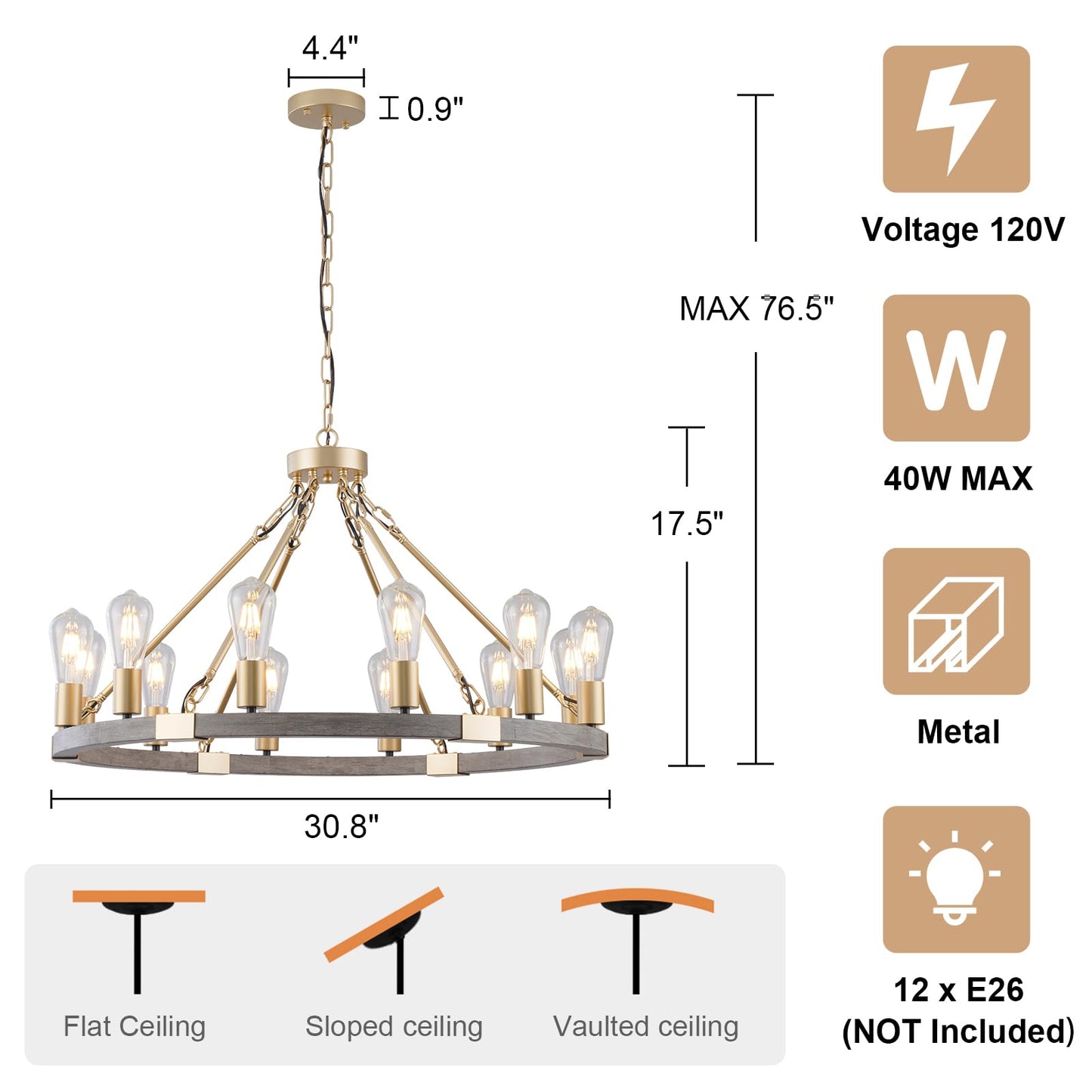 YongMing CL Farmhouse Wagon Wheel Chandelier 31" Gold Wooden Chandelier 12-Light Rustic Pendant Light Fixture for Dining Room Living Room Entryway Foyer