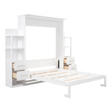 Ball & Cast Queen Size Murphy Bed,Murphy Bed Cabinet W/ 2 Four-Layer Shelves and 4 Drawers,Wall Bed W/LED Lights & Handle,Wood Folding Hidden Bed Frame for Guest Room,Bedroom,Living Room,White Ball & Cast