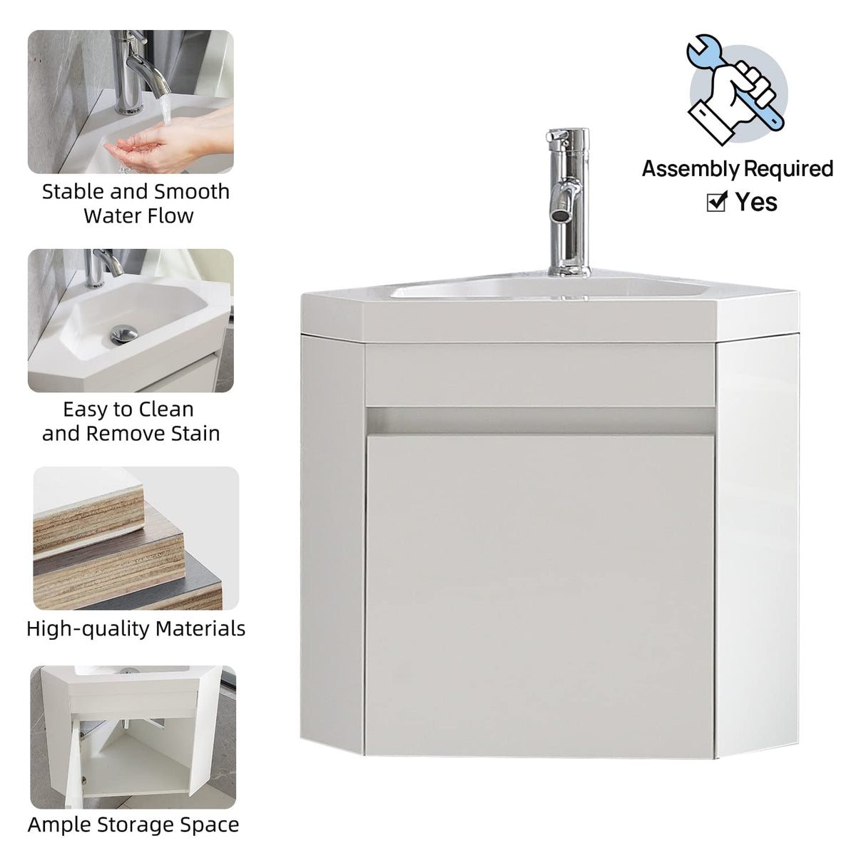wonline 16" Corner Bathroom Vanity Sink Combo for Small Space Wall Mounted Cabinet Set Design White Resin Basin Sink Top Chrome Faucet and Drain wonline