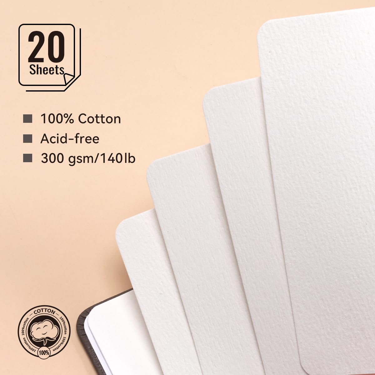 Lightwish Watercolor Journal, 100% Cotton Cold Press Watercolor Paper Sketchbook 7.6” x 5.3”, 20 Sheets (140lb/300gsm), Acid-Free for Watercolors, Gouache, Acrylics LIGHTWISH