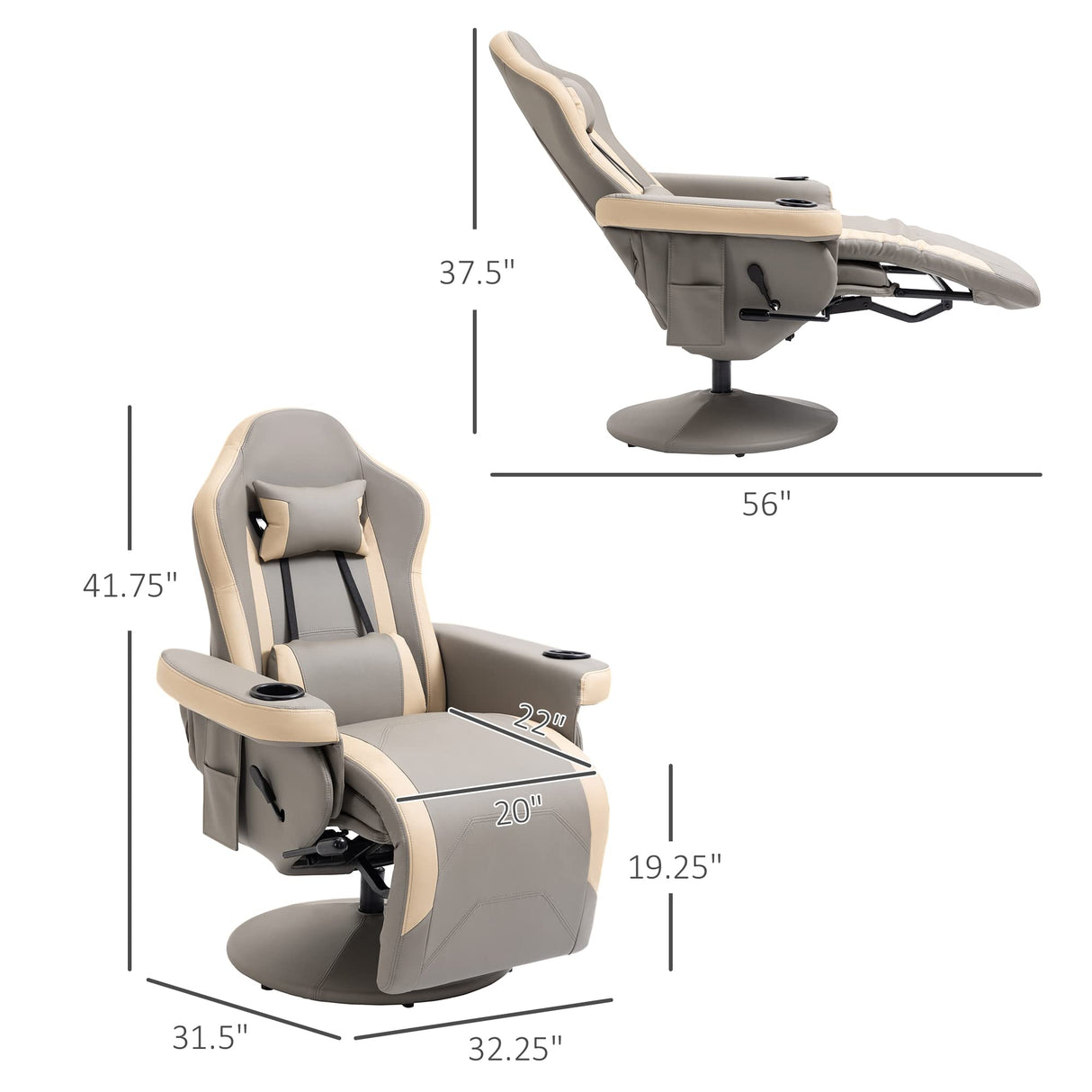 HOMCOM Manual Recliner Armchair PU Leather Lounge Chair w/Adjustable Leg Rest, 135° Reclining Function, 360° Swivel, Cup Holder and, Storage Pocket HOMCOM