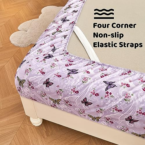 Softan Floral Twin Size Sheet Set, Purple Paisley Flower Printed Sheets for Kids Girls, Brushed Microfiber Fitted Sheet with 15" Deep Pocket & Non-Slip Straps, Butterfly Patterned Sheets Softan