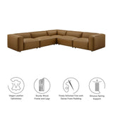 Modway Auren Vegan Leather 5 Piece Modular Sofa in Camel - Faux Leather L Shaped Sectional - Comfy Modern PU Leather Sofa - Oversized Mid Century Modern Couch for Living Room, Apartment Modway
