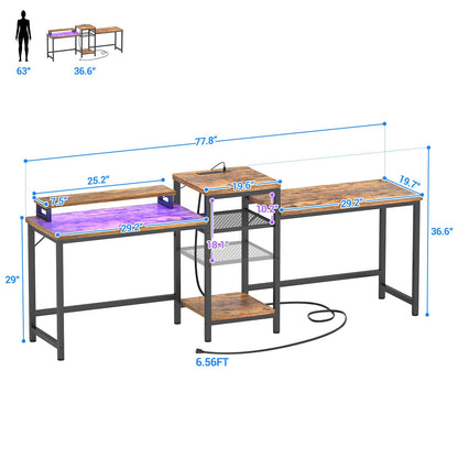 Unikito Double Computer Desk with LED Strip and Power Outlet, 2 Person Desk with Monitor Stand and Storage, Ergonomic Computer Desk with Printer Stand for Home Office, Long Gaming desk, Rusti - WoodArtSupply