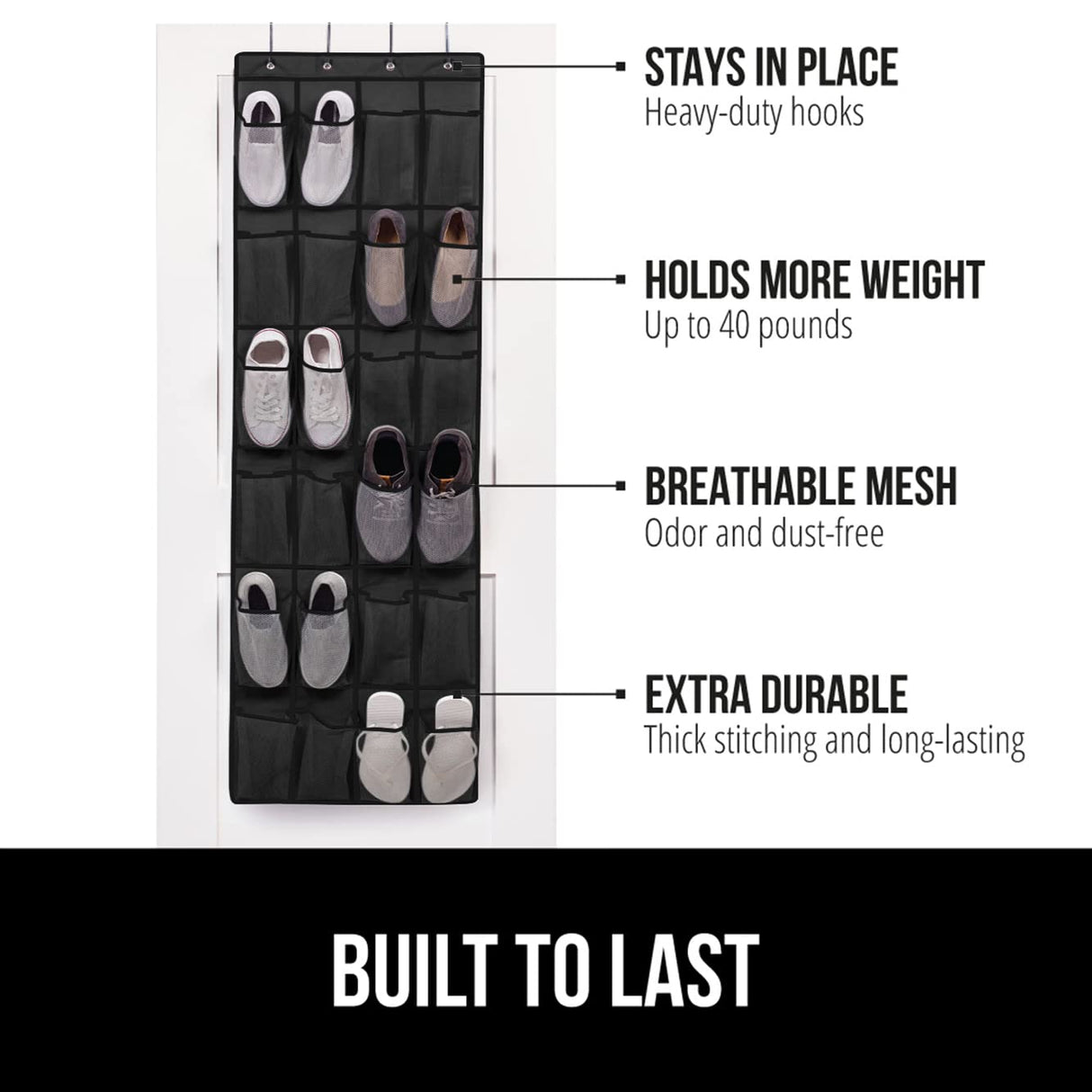 GORILLA GRIP Over the Door Shoe Organizer, 24 Large Breathable Mesh Pockets, Space Saving Hanging Storage Holder, Closet Rack Hanger Holds Up to 40 lbs, Hangs on Closets for Shoes, Accessories, Black GORILLA GRIP