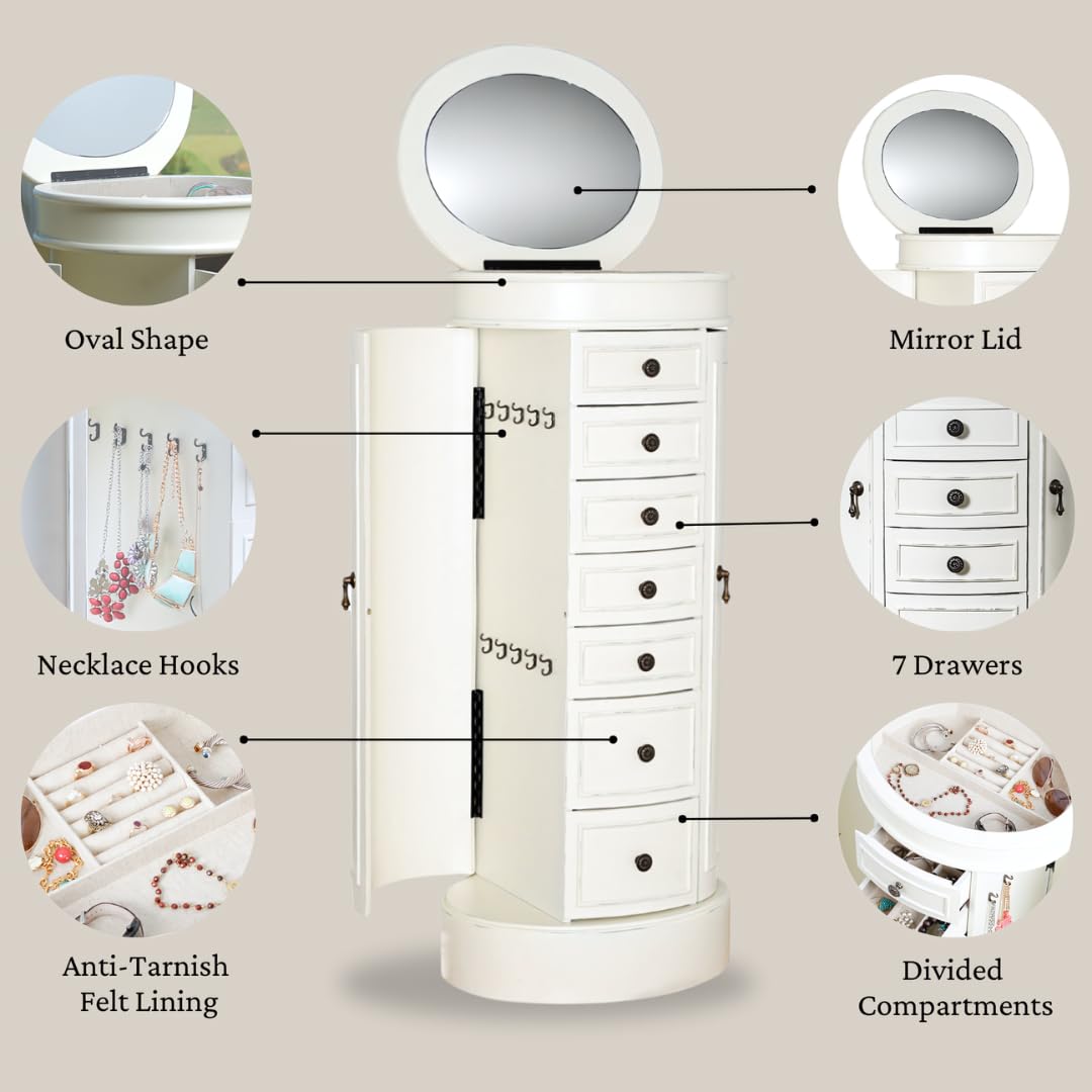 Hives & Honey Bailey Oval Standing Jewelry Armoire Cabinet, Jewelry Storage Organizer with Mirror Lid, 2 Side Doors, 7 Drawers, Jewelry Chest, Jewelry Box for Necklace, Earring, Bracelet, Ivory Hives and Honey