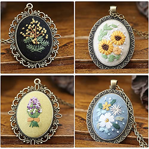 ZOCONE 4 Packs Embroidery Necklace Kits, Embroidery Pendant Kit Mini Cross Stitch Kit with Hoop, Necklace, Pendant, Stamped Pattern Cloth, Instructions, etc., Embroidery Kits for Adults