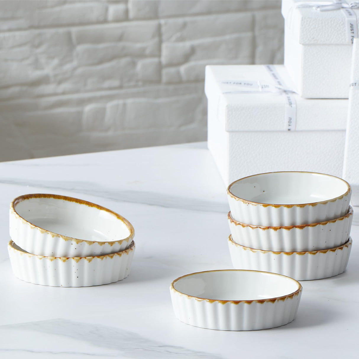 ONEMORE Ramekins 4 oz - Oven Safe Shallow Ramekins with Brown Rim for Creme Brulee - Speckled, Fluted, Set of 6 ONEMORE