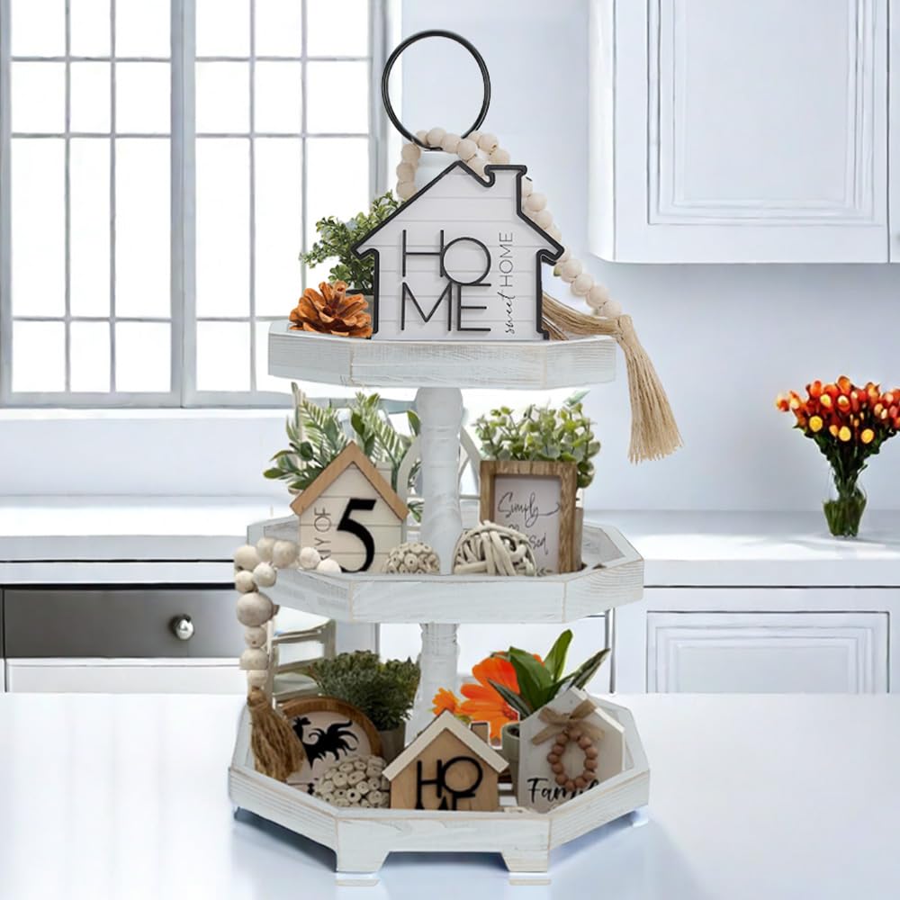 3 Tiered Tray Stand White Tier Serving Tray, Three Decorative Trays, Wooden Cupcake Stand 3 Tiered Farmhouse Tray for Home Decor(L 13.8” W 12.5” H 21.8”) MRPAPA
