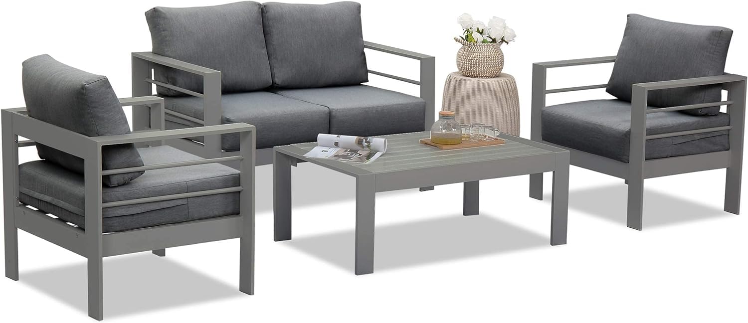 Wisteria Lane Outdoor Patio Furniture Set, 4 Pieces Aluminum Sectional Sofa, Metal Patio Conversation Set with Loveseat, 5 Inch Grey Cushion and Coffee Table (Dark Grey & Grey) - WoodArtSupply