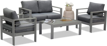 Wisteria Lane Outdoor Patio Furniture Set, 4 Pieces Aluminum Sectional Sofa, Metal Patio Conversation Set with Loveseat, 5 Inch Grey Cushion and Coffee Table (Dark Grey & Grey) - WoodArtSupply