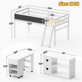 TOLEAD Low Loft Bed with Desk, Solid Wood Twin Low Loft Bed with Storage Cabinet, Blackboard, Ladder and Guardrail for Kids Juniors Boys Girls, No Box Spring Needed, White TOLEAD
