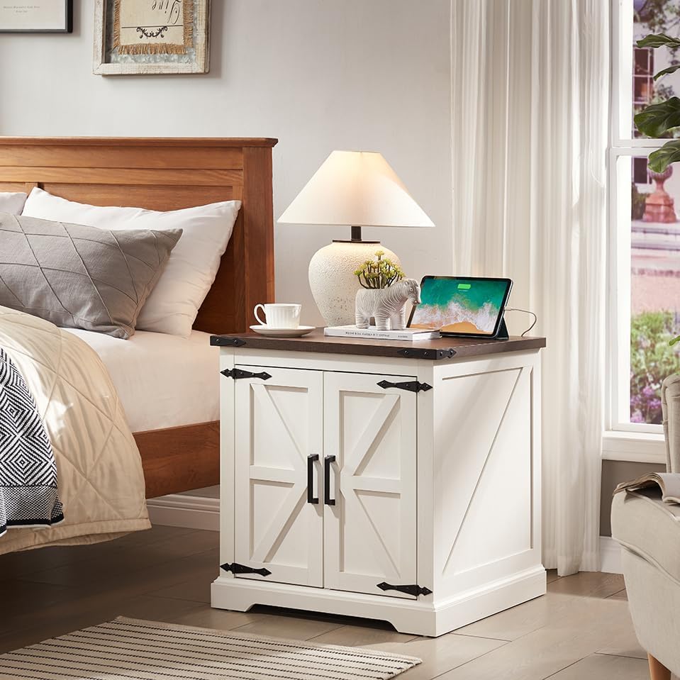 Barnyatoh Farmhouse End Table with Charging Station,24" Large Sofa Side Table with Barn Door, Rustic Wood Square Nightstand Bedside Table with Adjustable Shelf for Living Room, Bedroom,Antique White Barnyatoh