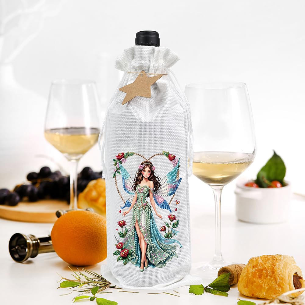 Diamond Art Painting Wine Bottle Gift Bags Kit DIY Linen Wine Wrapping Bags with Diamond Art Design, Champagne Decorative Bags for Christmas, Weddings, Birthdays, and Parties (Fairy) WoodArtSupply