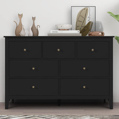 LTMEUTY Black Dresser for Bedroom - Modern Bedroom Dresser with 7 Drawers, Wooden Horizontal Dresser, Chest of Dresser