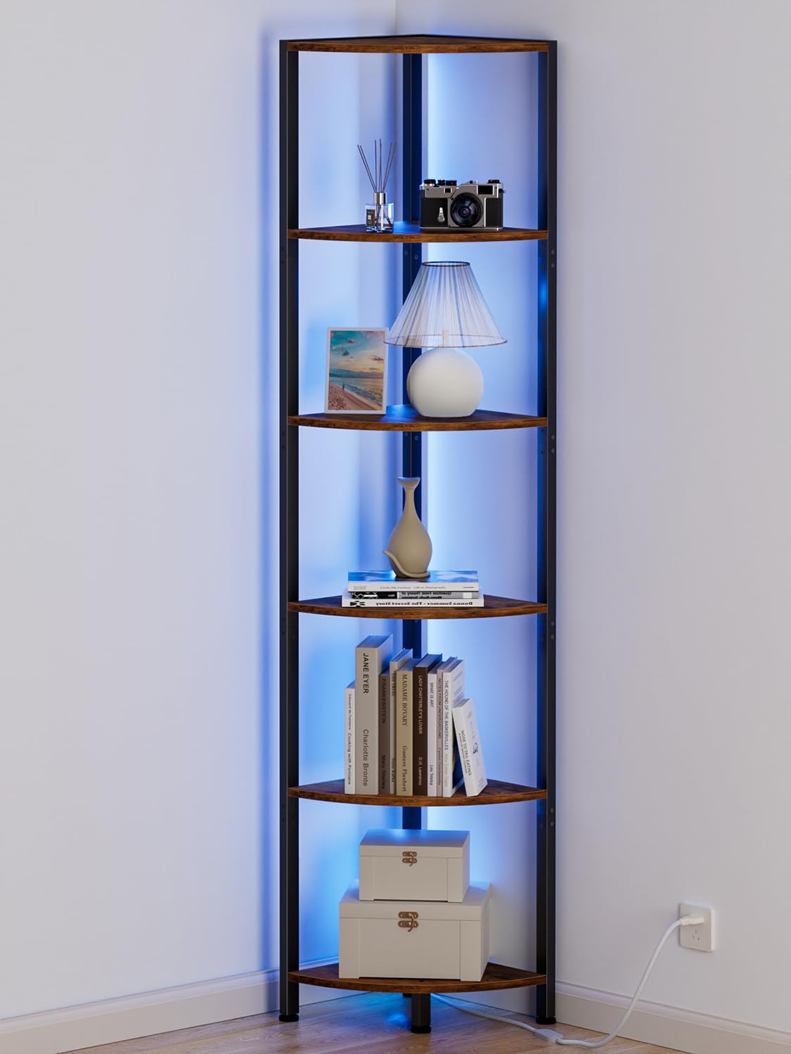 Furnulem 6-Tier LED Corner Shelf - 67.5” Tall Rustic Brown Storage & Display Unit - WoodArtSupply