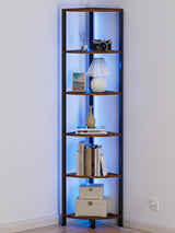Furnulem 6-Tier LED Corner Shelf - 67.5” Tall Rustic Brown Storage & Display Unit Furnulem
