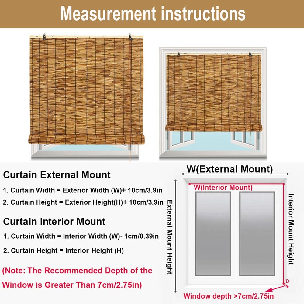 Bamboo Window Shades Outdoor Blackout Bamboo Roller Blinds,28x72in 38x64in 48x48in 64x64in 72x72in Cordless Roll Up Shade for Patio Balcony Porch Privacy Retro Bamboo Curtains (Size : W 64inxH 60in) WZLSQLTY