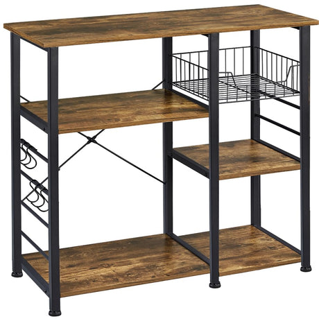 Yaheetech 4-Tier Kitchen Baker's Rack, Coffee Bar Microwave Stand Cart with Wire Basket & 6 Side Hooks, Kitchen Organizer Shelf for Spices/Utensils Foods, Rustic Brown Yaheetech