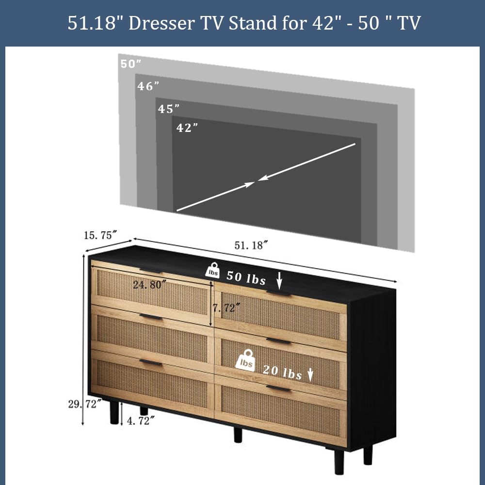 NTYUNRR 51.18" Black Rattan Dresser, 6 Drawer Double Dresser for Bedroom, Wooden Dresser Chest of Drawers, Modern Large Closet Boho Dressers Storage Cabinet, for Living Room Hallway Entryway, M NTYUNRR