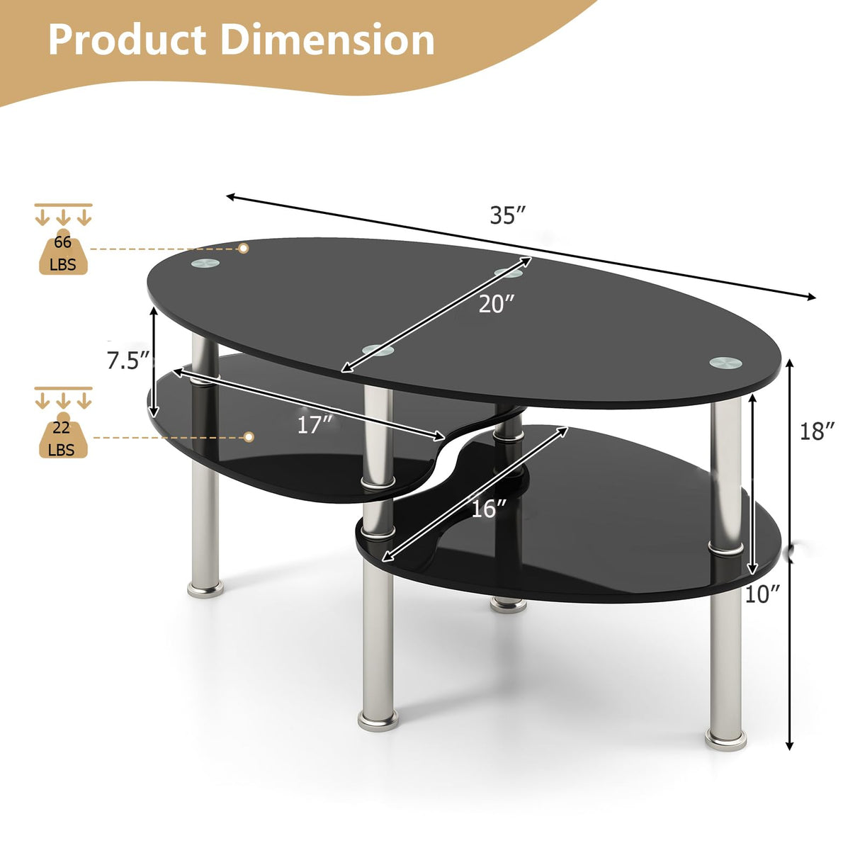 Giantex Oval Glass Coffee Table - 3-Tier Transparent Tempered Glass Table W/Sturdy Chrome Plated Legs, Small Sofa Side Table, End Table for Living Room, Bedroom, Office, 35"× 20" ×18" (Black) Giantex