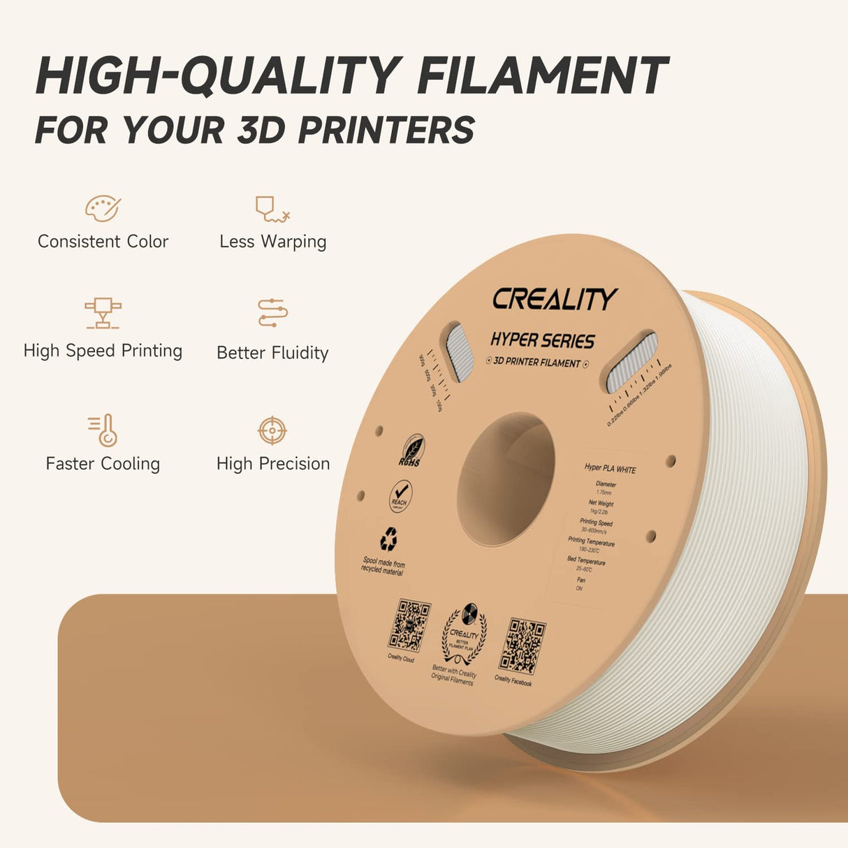 Official Creality Hyper PLA Filament 1.75mm, High Speed PLA 30-600mm/s 3D Printer Filament, Dimensional Accuracy +/-0.02mm, Fit Most FDM 3D Printers，1KG(2.2lbs) Spool White Creality