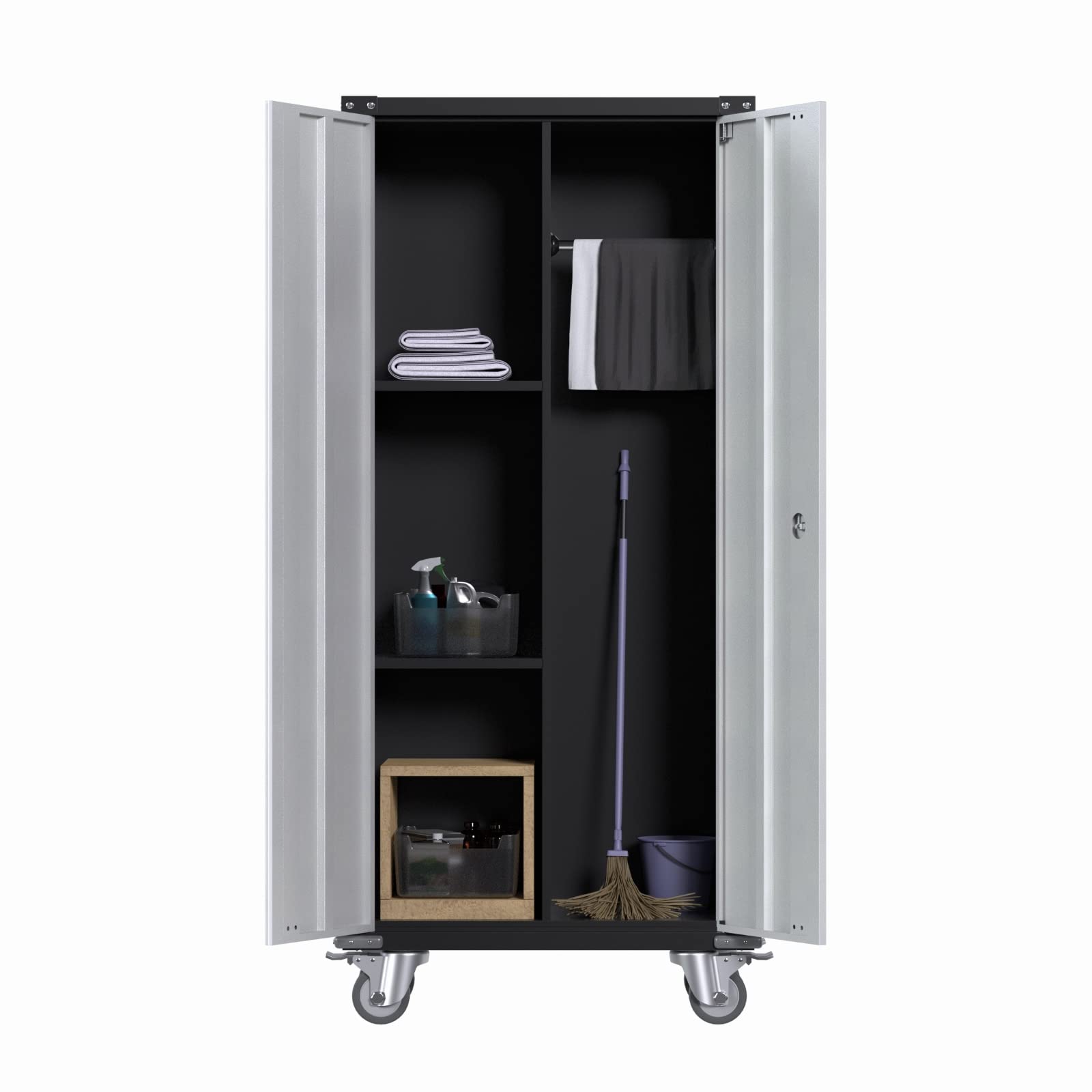 Reemoon Metal Garage Storage Cabinet with Wheels, Broom Closet Storage Cabinet with Hanging Rod, 71" Tall Rolling Tool Storage Cabinet with Locking Doors and Shelves-Required Assembly - WoodArtSupply