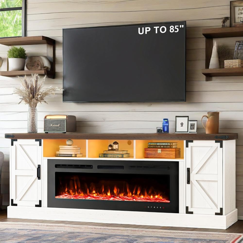 77" Fireplace TV Stand for 85 Inch TV, 50'' Electric Fireplace, Power Outlet, LED Farmhouse Media Entertainment Center Console Table for Living Room, White JassmiPkwy