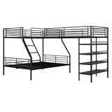 Triple Bunk Beds, L-Shape Twin Over Full Bunk Bed Attached a Loft Bed with Desk, Triple Bunk Beds with Slide, Metal Corner Bunk Bed Frame for Three Kids Boys Girls Teens, Antique Black Bellemave