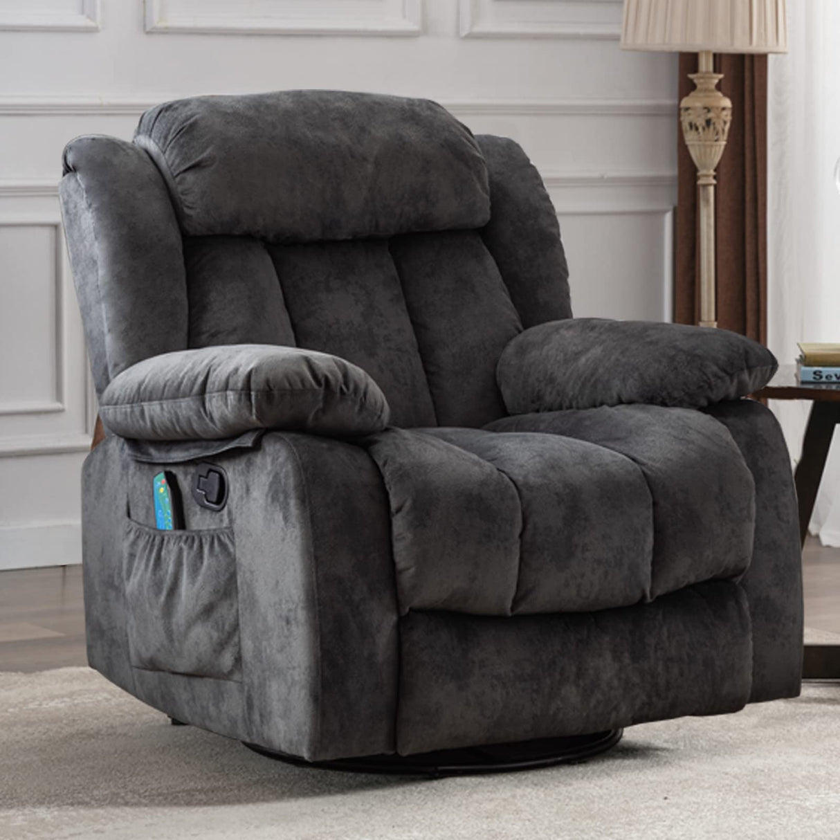 INZOY Massage Swivel Rocker Recliner with Heat and Vibration, Soft Manual Rocking Recliner Chair with Vibrating Massage, Comfy Padded Overstuffed Fabric Heated Recliner, Grey INZOY