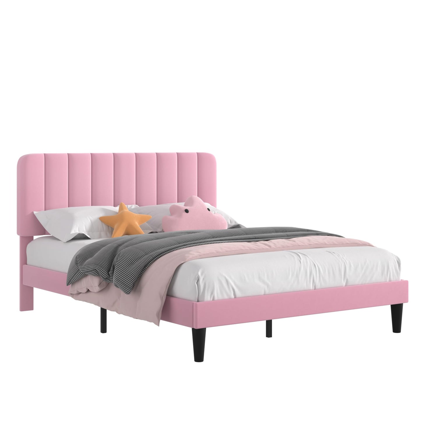 VECELO Queen Size Bed Frame with Upholstered Headboard, Velvet Platform Bedframe Mattress Foundation, Strong Wood Slat Support, No Box Spring Needed, Pink