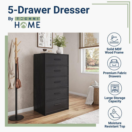 5-Drawer Dresser with Extra Large Fabric Drawers, Wood Frame Dresser with 5 Drawers for Bedroom or Living Room Storage, Hallway, Fabric Bins for Closet or Hallway Storage Organizer, Toy Chest, Black Techni Home