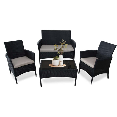 XZHQHB Outdoor Furniture Set of 4 Pieces with PE Waterproof Rattan Tempered Glass Table and Thick Cushions Suitable for Gardens Porches Terraces and Balconies Easy to Assemble Black and Beige XZHQHB