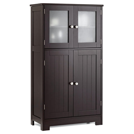 Tangkula Brown Freestanding Bathroom Floor Cabinet with Glass Doors and Adjustable Shelf Tangkula