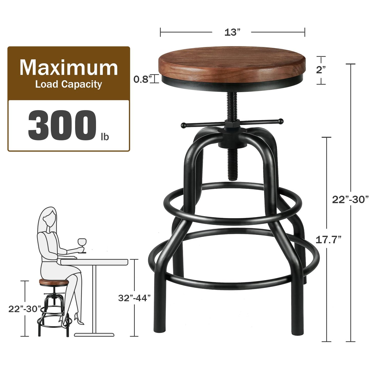 SXXjiaju Industrial Bar Stool- Vintage Bar Stools Round Wood Metal Stool Counter,Rustic Bar Stools with Round Solid Wood Metal Stool Adjustable Farmhouse Kitchen/Dining/Cafe Chair(Set of 2) - WoodArtSupply