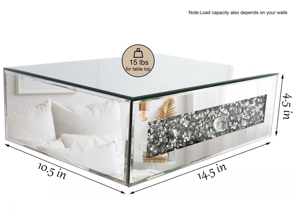 Mirrored Floating Bedside Nightstand with Drawer, Wall Mounted Silver Glass Crystal Diamond Bling Decoration Organizer for Bedroom, Living Room, Small Space, 14.5"×11.5"×4.5" ST3000
