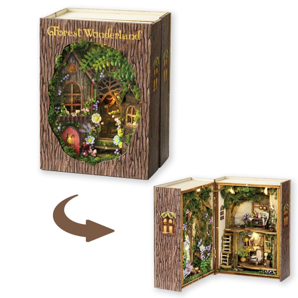 TuKIIE DIY Miniature Dollhouse Kit with Furniture, 1:32 Scale Opened & Closed Mini Cube Wooden Doll House Book Nook Creative Room for Kids Teens Adults(Forest Wonderland) TuKIIE