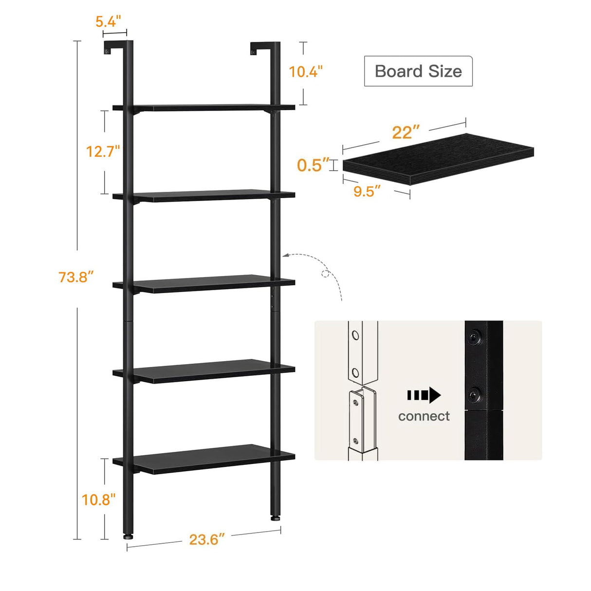 ODK 5-Tier Ladder Bookcase, Industrial Storage Shelf with Metal Frame for Living Room, Home Office, Kitchen & Bedroom, Space Saving Freestanding Organizer Rack, Black (8" D x 16" W x 74" H) ODK